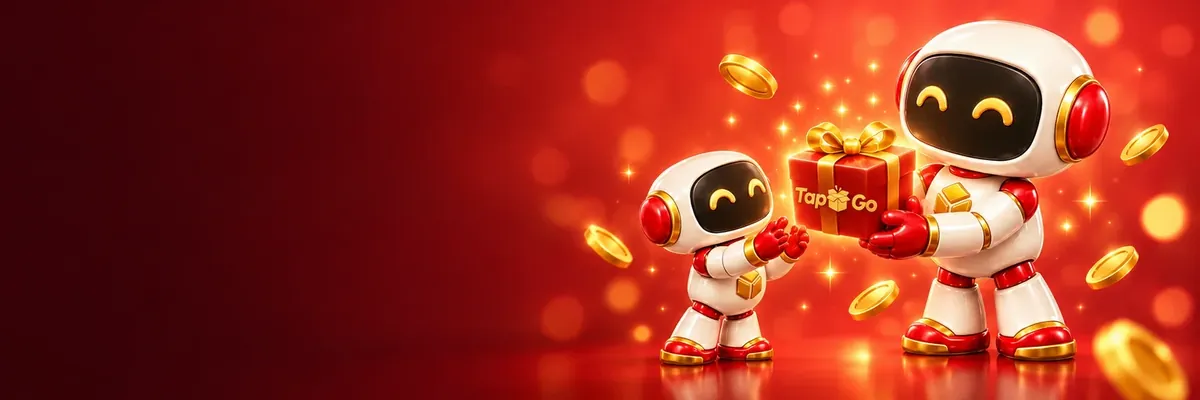 Dua robot TapGo berkongsi kotak hadiah
