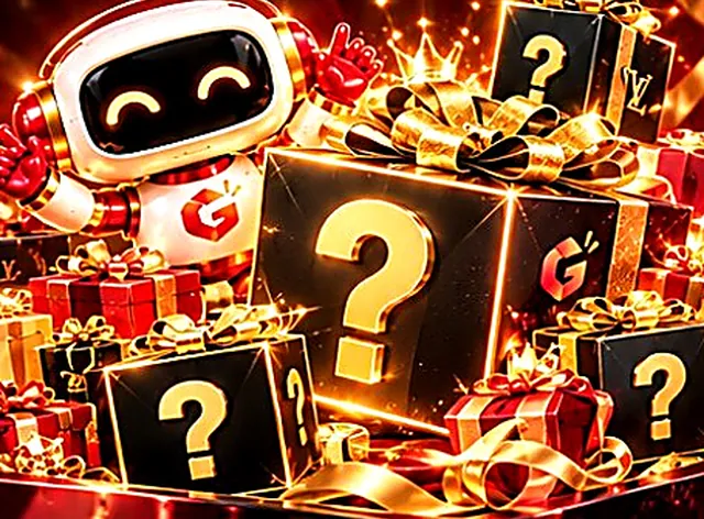 Mascot robot surrounded by black-and-gold mystery boxes
