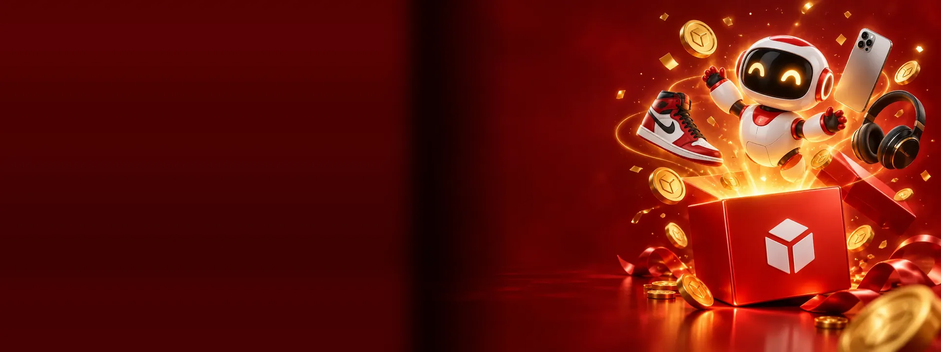TapGo robot mascot opening a red mystery box with prizes flying out